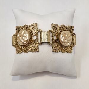 Filigree Gold Tone Panel Link Bracelet Faux Pearl Chunky Ornate Statement Retro